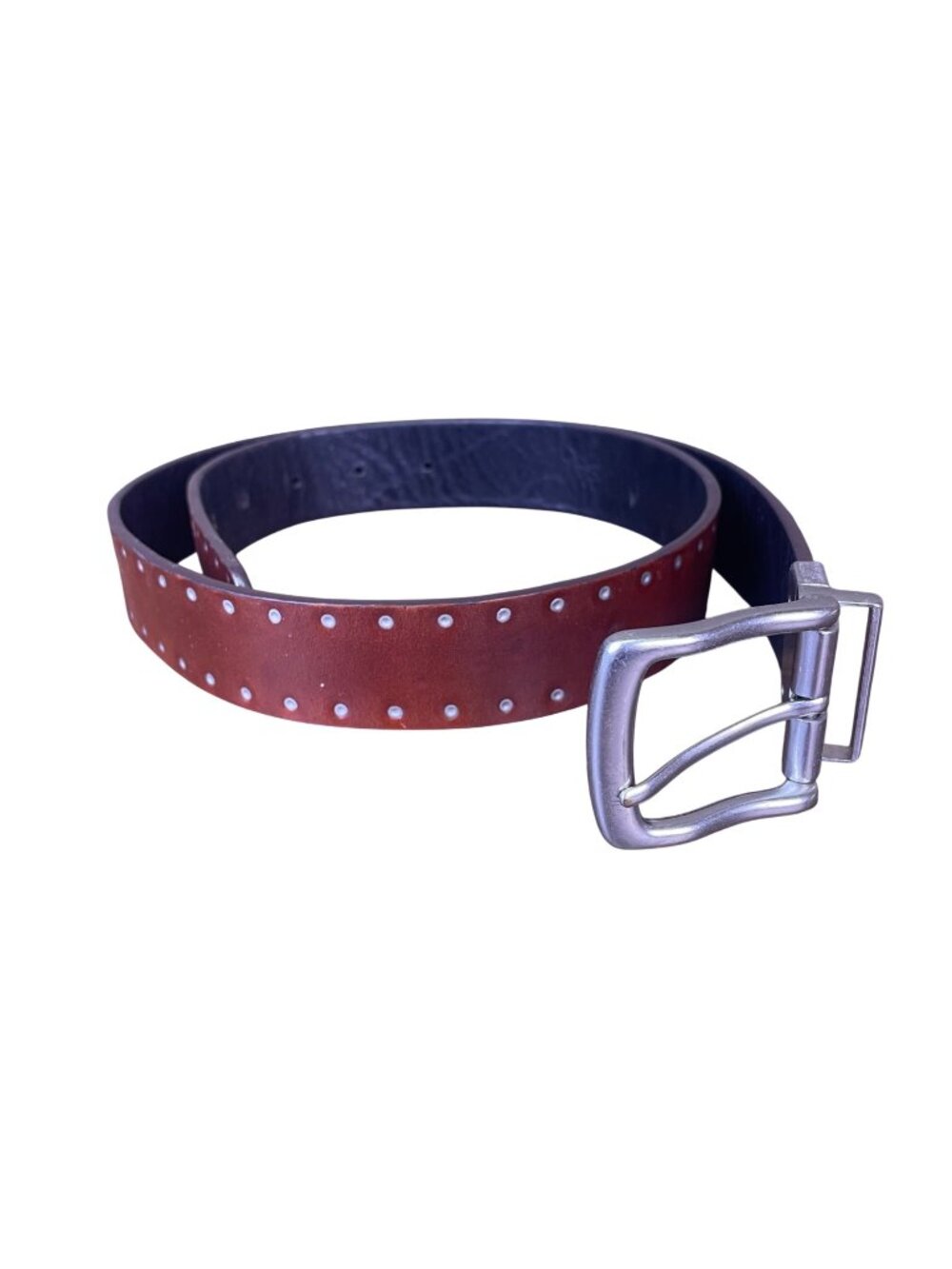 Ralph Lauren Mens Brown/Black Leather Studded Belt Silver Buckle 2-Tone Design
